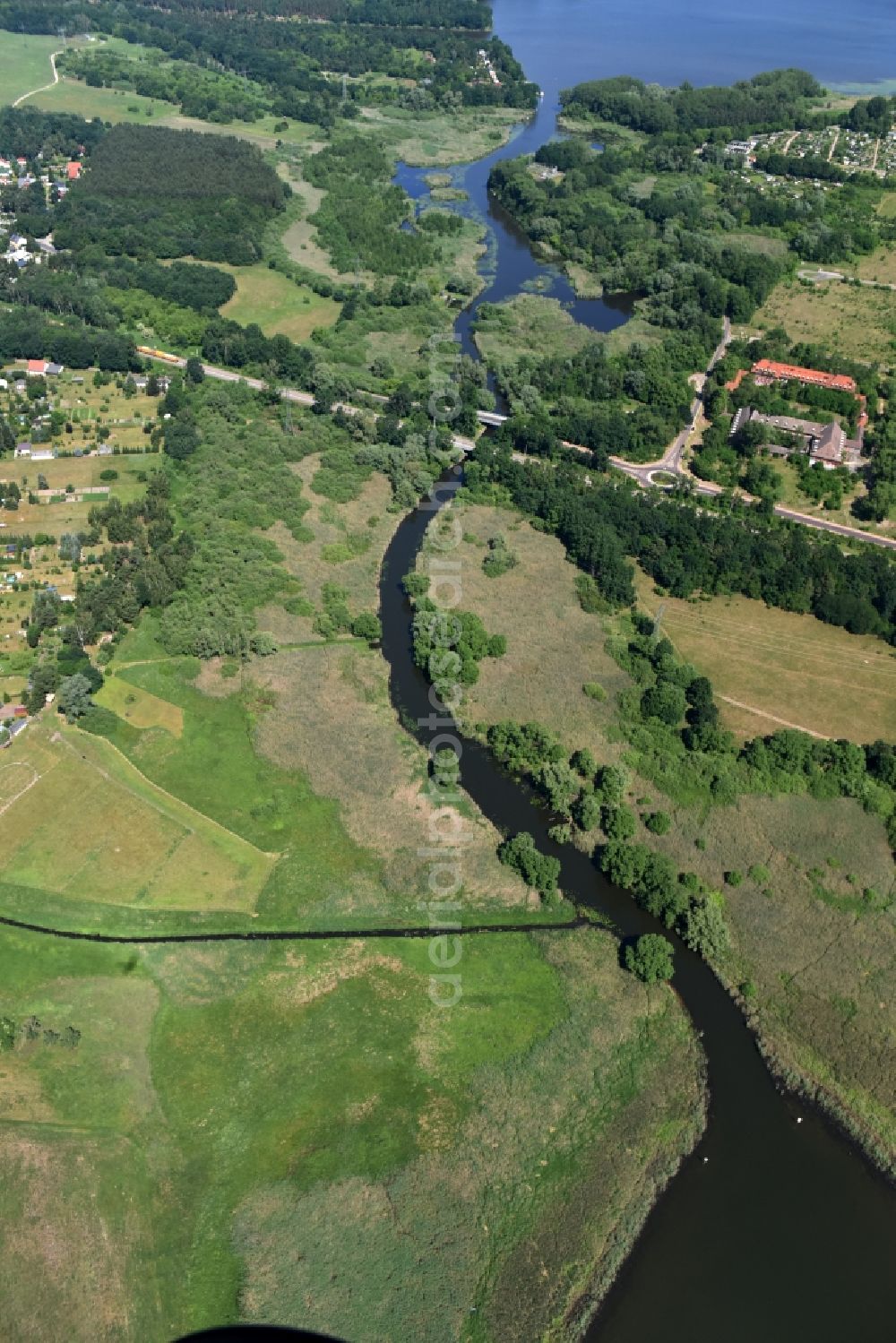 Aerial photograph Wusterwitz - Course of the river Die Fahrt between Kirchmoeser and Wusterwitz in the state of Brandenburg. The river connects the lakes Wendsee in the North and Grosser Wusterwitzer See in the South