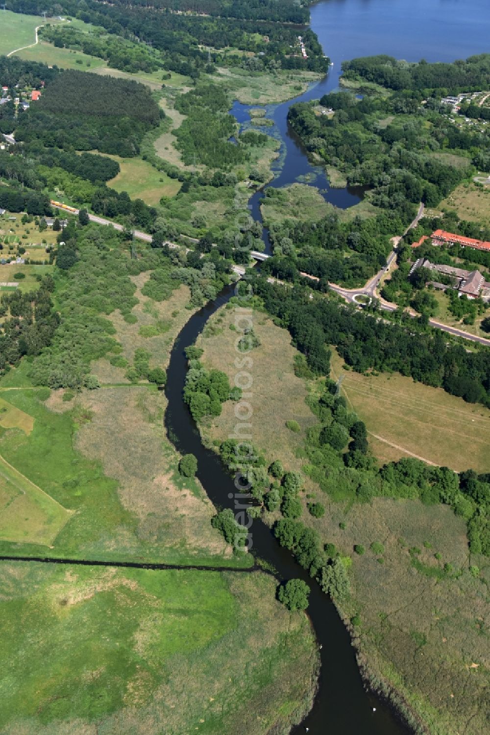 Wusterwitz from above - Course of the river Die Fahrt between Kirchmoeser and Wusterwitz in the state of Brandenburg. The river connects the lakes Wendsee in the North and Grosser Wusterwitzer See in the South