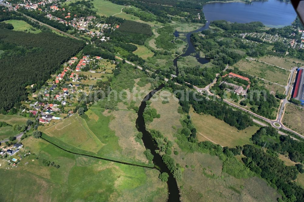 Wusterwitz from the bird's eye view: Course of the river Die Fahrt between Kirchmoeser and Wusterwitz in the state of Brandenburg. The river connects the lakes Wendsee in the North and Grosser Wusterwitzer See in the South