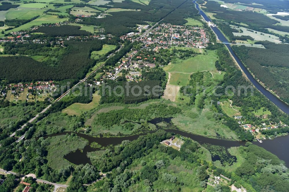 Wusterwitz from above - Course of the river Die Fahrt between Kirchmoeser and Wusterwitz in the state of Brandenburg. The river connects the lakes Wendsee in the North and Grosser Wusterwitzer See in the South. View from the East to Wusterwitz. Elbe-Havel-Canal takes its course in the North of the town