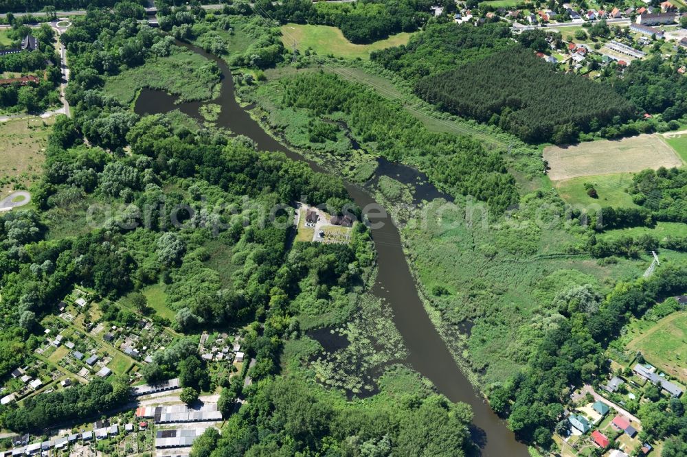 Aerial image Wusterwitz - Course of the river Die Fahrt between Kirchmoeser and Wusterwitz in the state of Brandenburg. The river connects the lakes Wendsee in the North and Grosser Wusterwitzer See in the South. View from the East to Wusterwitz. Elbe-Havel-Canal takes its course in the North of the town