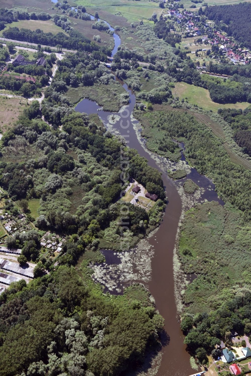 Aerial photograph Wusterwitz - Course of the river Die Fahrt between Kirchmoeser and Wusterwitz in the state of Brandenburg. The river connects the lakes Wendsee in the North and Grosser Wusterwitzer See in the South