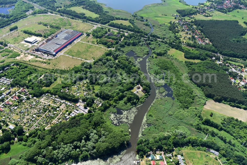 Wusterwitz from above - Course of the river Die Fahrt between Kirchmoeser and Wusterwitz in the state of Brandenburg. The river connects the lakes Wendsee in the North and Grosser Wusterwitzer See in the South