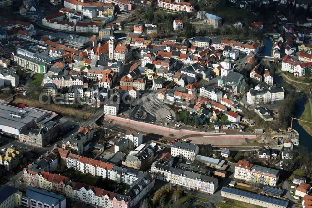 Döbeln from above - Expansion and securing construction sites to the shore areas of the river course of Flutmulde in Doebeln in Saxony