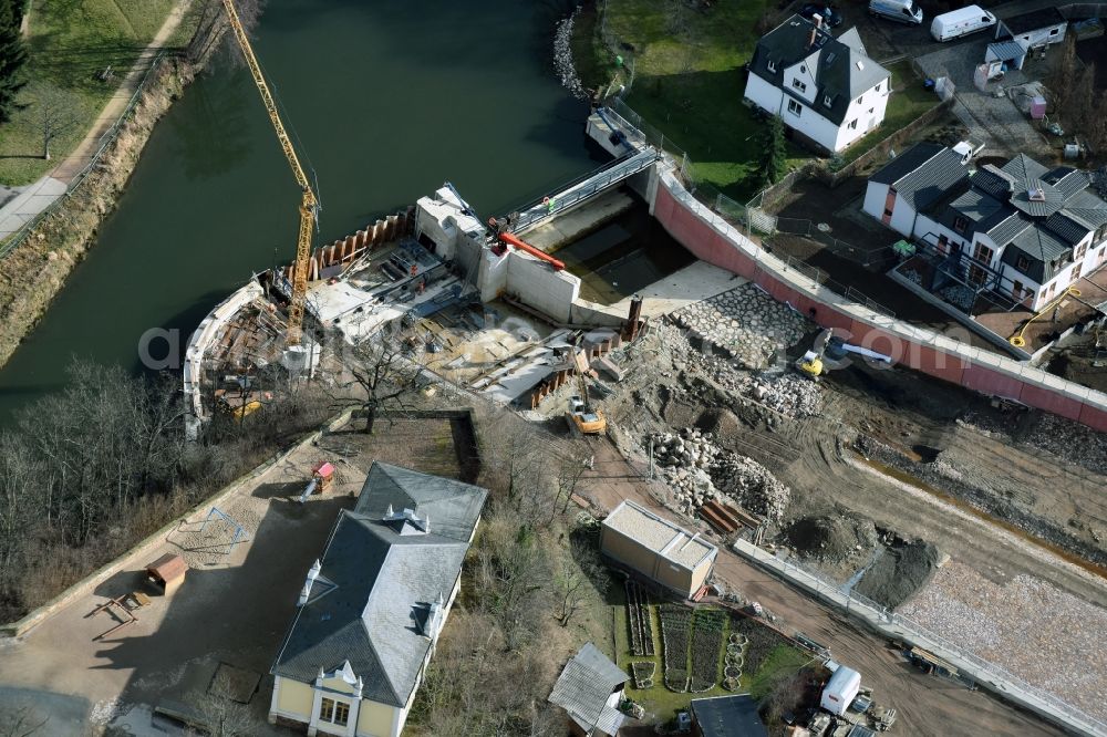 Aerial image Döbeln - Expansion and securing construction sites to the shore areas of the river course of Flutmulde in Doebeln in Saxony