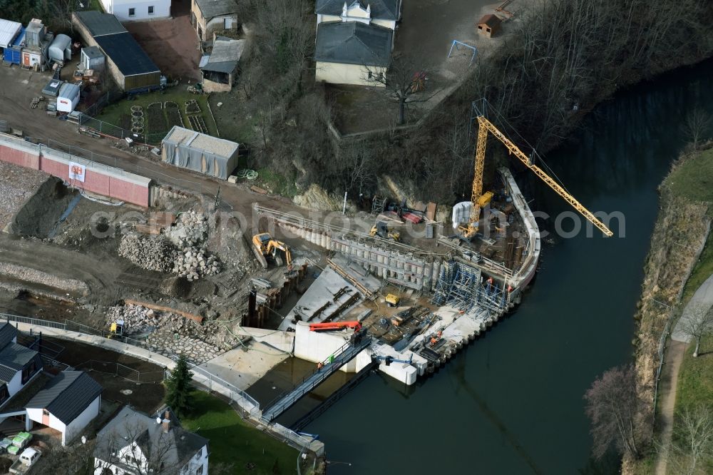 Döbeln from above - Expansion and securing construction sites to the shore areas of the river course of Flutmulde in Doebeln in Saxony