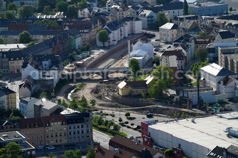 Döbeln from above - Expansion and securing construction sites to the shore areas of the river course of Flutmulde in Doebeln in Saxony