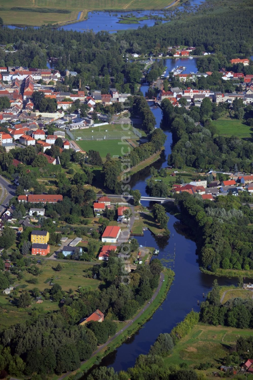 Zehdenick from above - Riparian zones on the course of the river Havel in Zehdenick in the state Brandenburg