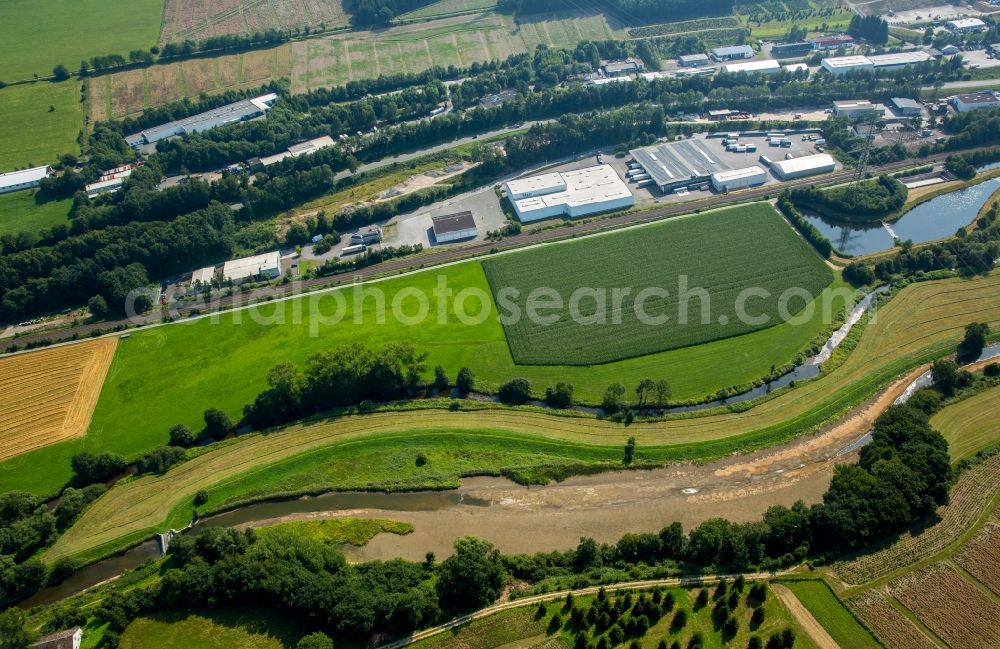 Bestwig from above - Riparian zones on the course of the river Luchtmuecke with low water mark and the Ruhr in Bestwig in the state North Rhine-Westphalia