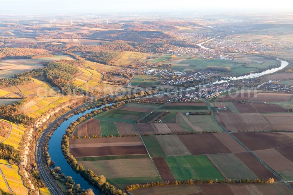 Himmelstadt from above - Riparian zones on the course of the Main river in Himmelstadt in the state Bavaria, Germany