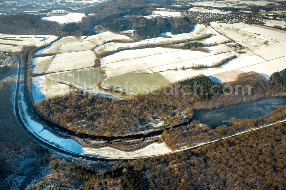 Neheim from above - Riparian zones on the course of the river Moehne in Neheim in the state North Rhine-Westphalia