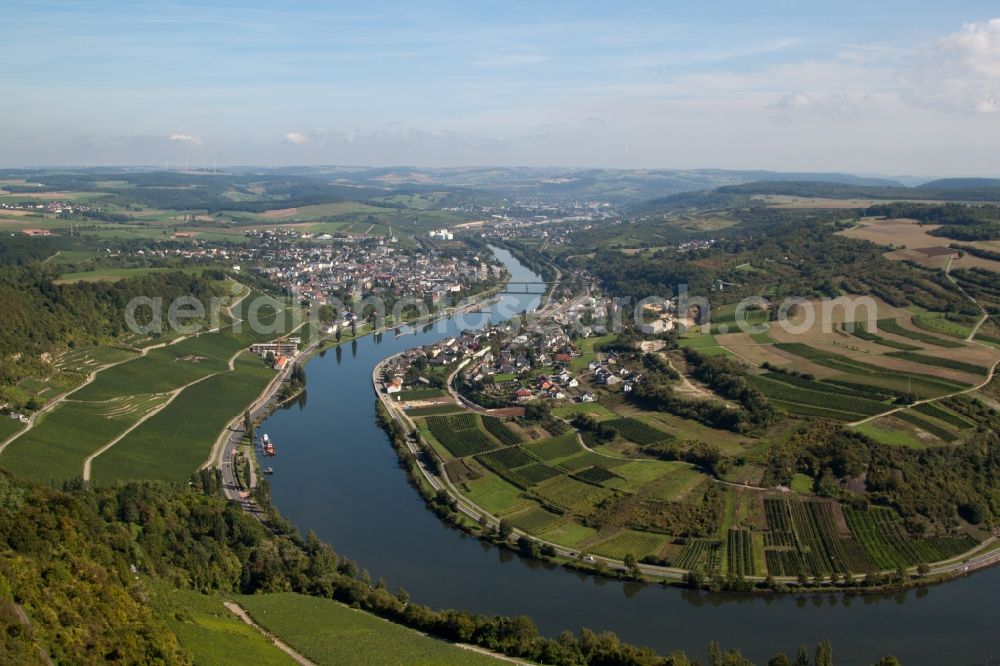 Wellen from the bird's eye view: Riparian zones on the course of the river Mosel in Wellen in the state Rhineland-Palatinate