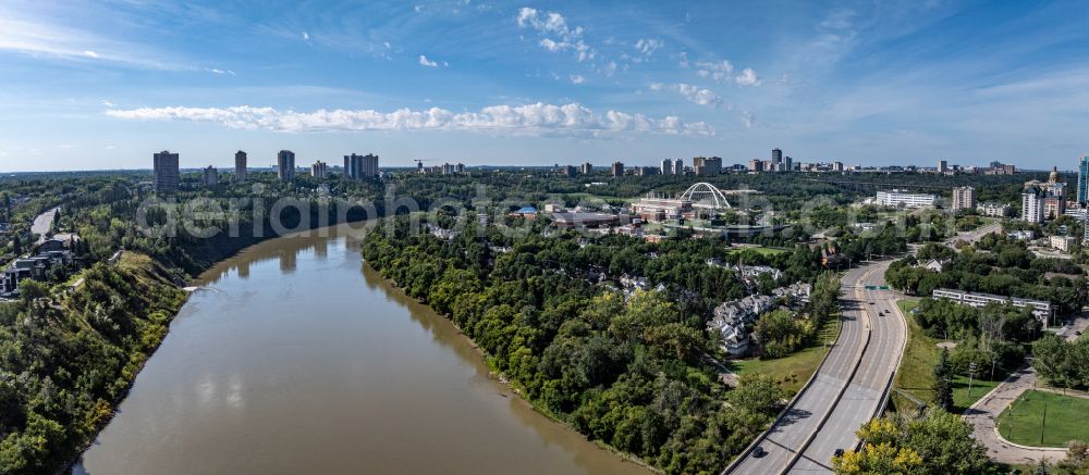 Edmonton from the bird's eye view: Riparian zones on the course of the river North Saskatchewan River on street 97 Avenue Northwest in Edmonton in Alberta, Canada