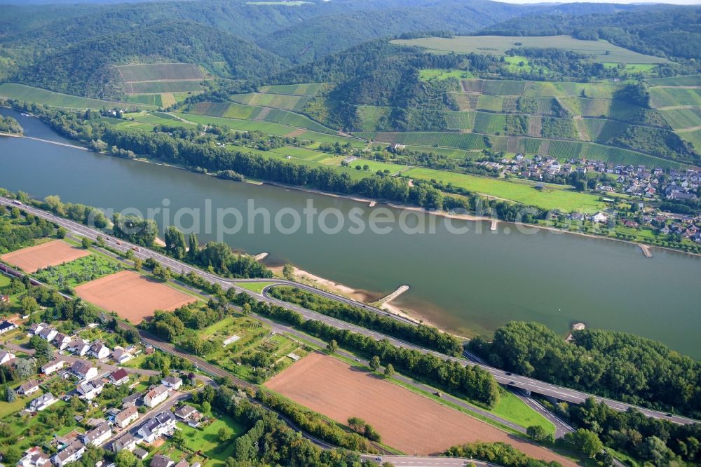 Andernach from above - Riparian zones on the course of the river of the Rhine river in Andernach in the state Rhineland-Palatinate, Germany