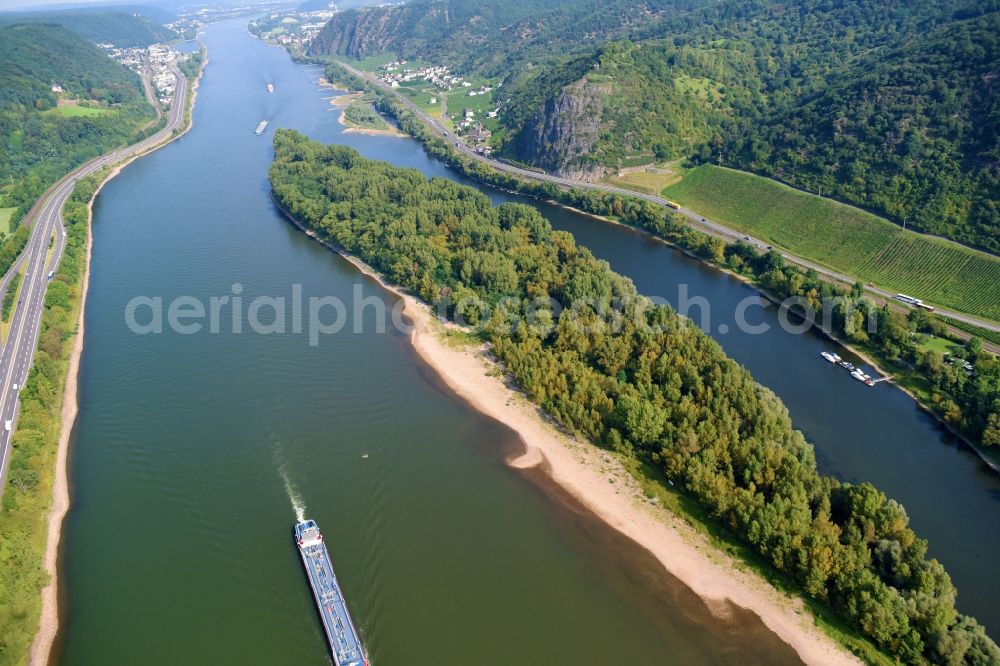 Aerial photograph Brohl-Lützing - Riparian zones on the course of the river of the Rhine river in Brohl-Luetzing in the state Rhineland-Palatinate, Germany