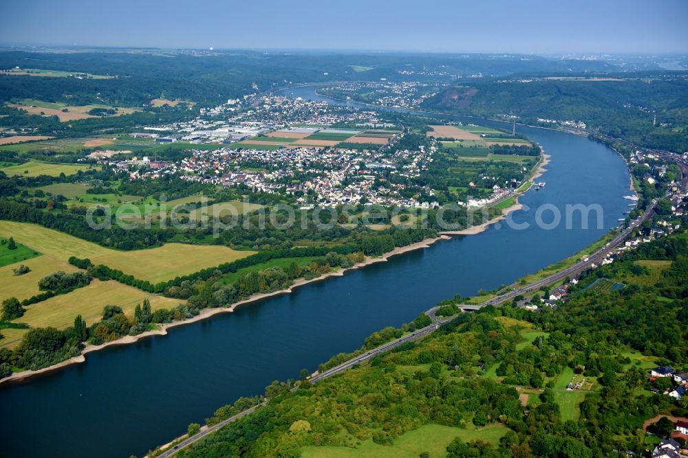 Dattenberg from above - Riparian zones on the course of the river of the Rhine river in Dattenberg in the state Rhineland-Palatinate, Germany