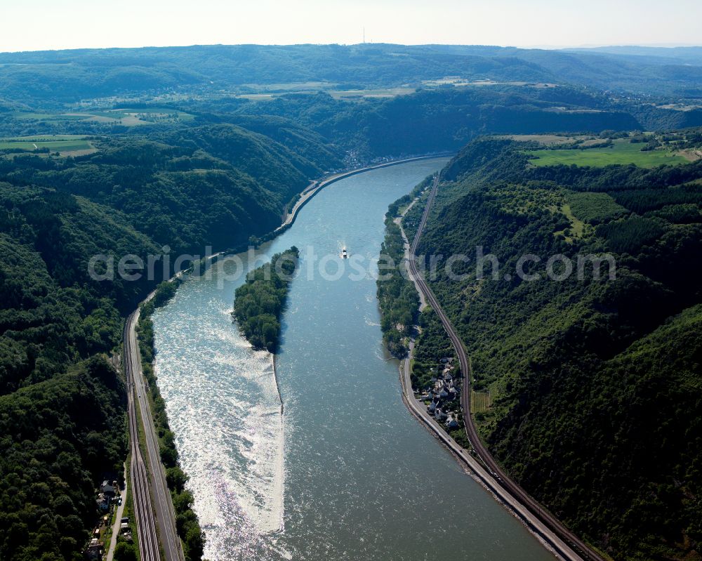 Aerial photograph Fellen - Riparian zones on the course of the river of the Rhine river in Fellen in the state Rhineland-Palatinate, Germany