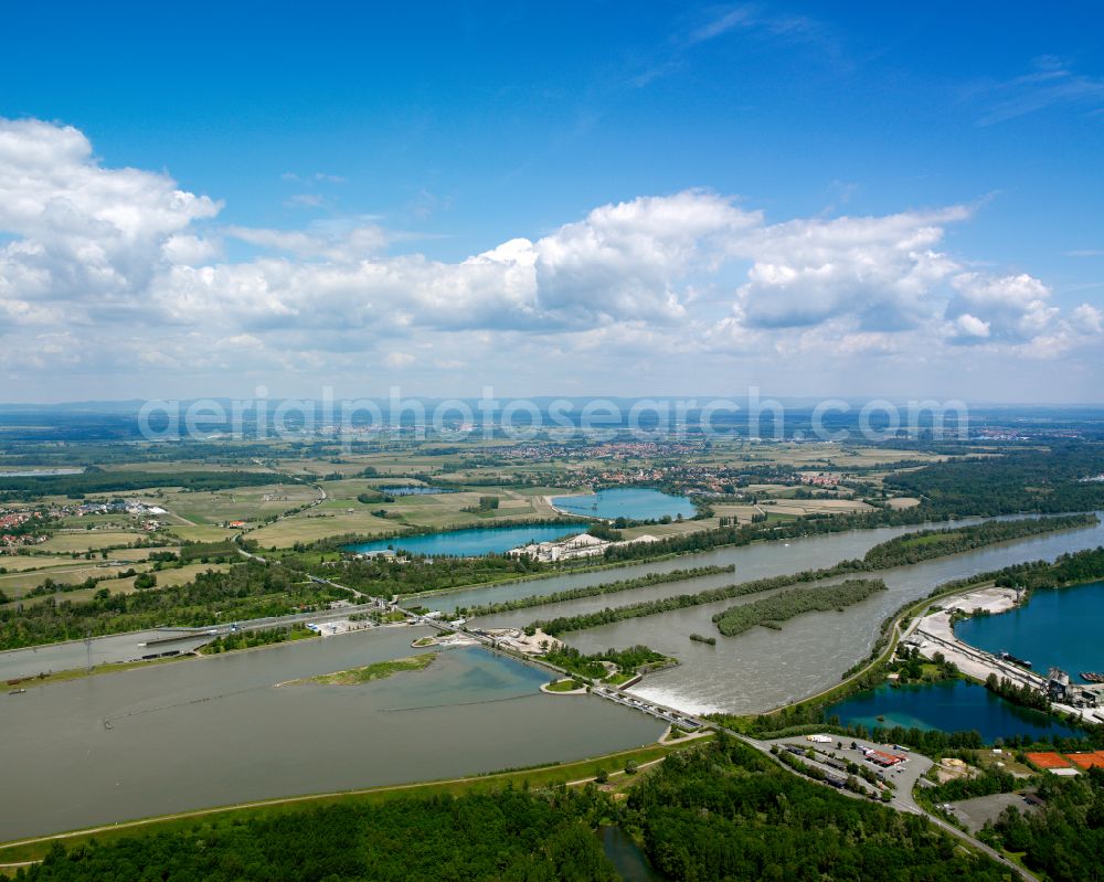 Aerial image Gambsheim - Riparian zones on the course of the river of the Rhine river in Gambsheim in Grand Est, France