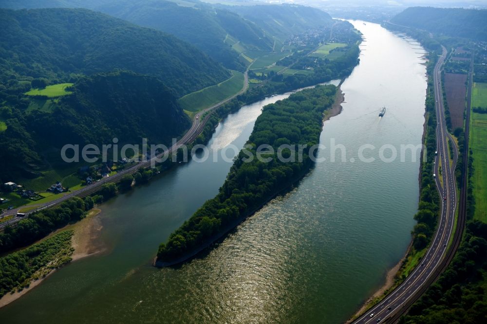 Oberhammerstein from above - Riparian zones on the course of the river of the Rhine river in Oberhammerstein in the state Rhineland-Palatinate, Germany