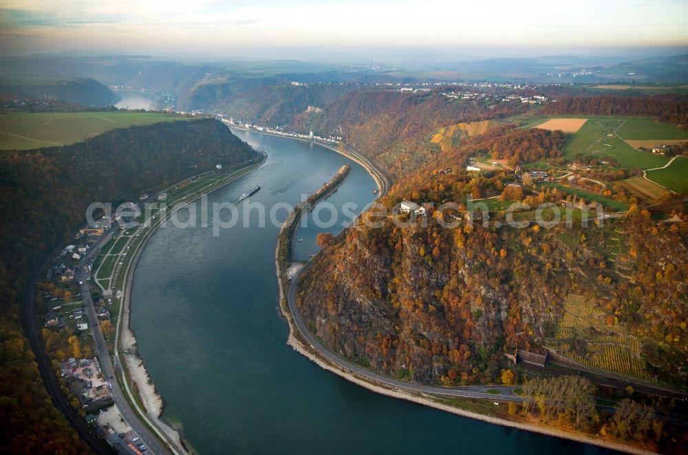 Aerial image Sankt Goarshausen - Riparian zones on the course of the river Rhine in Sankt Goarshausen in the state Rhineland-Palatinate