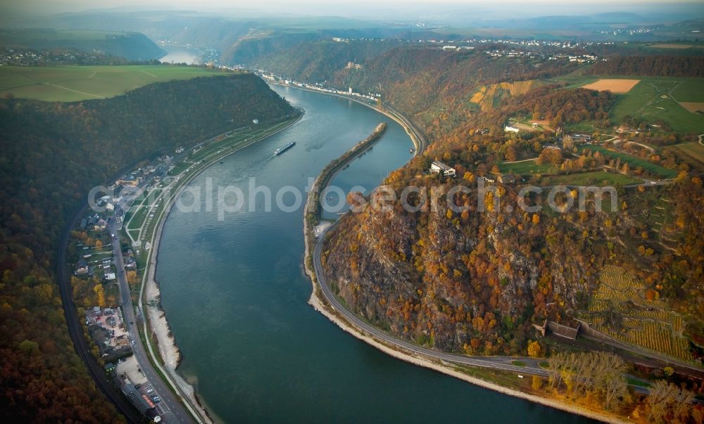 Aerial photograph Sankt Goarshausen - Riparian zones on the course of the river Rhine in Sankt Goarshausen in the state Rhineland-Palatinate