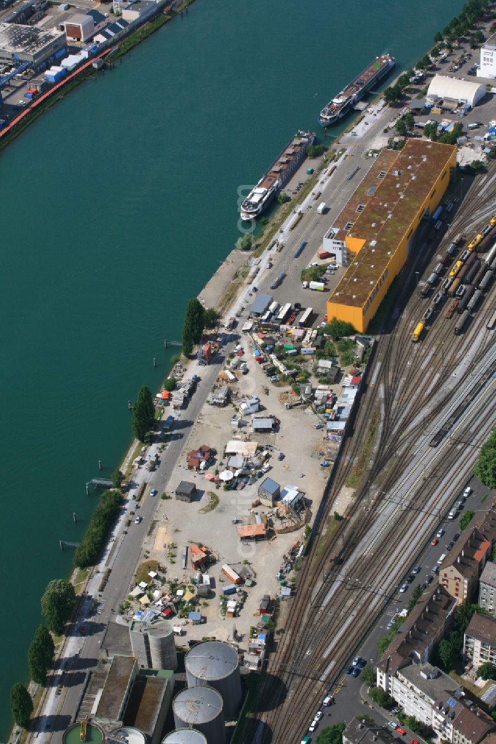 Aerial image Basel - Riparian zones on the course of the river Rhine at the Uferstrasse in Basel, Switzerland