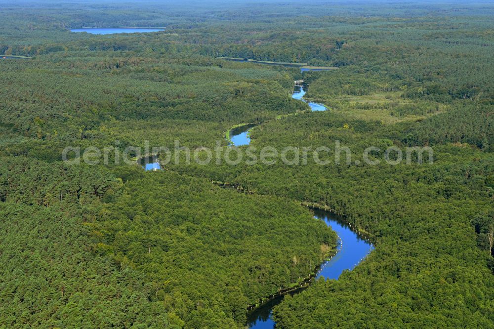 Fristow from above - Riparian zones on the course of the river of Rhin in Fristow in the state Brandenburg, Germany