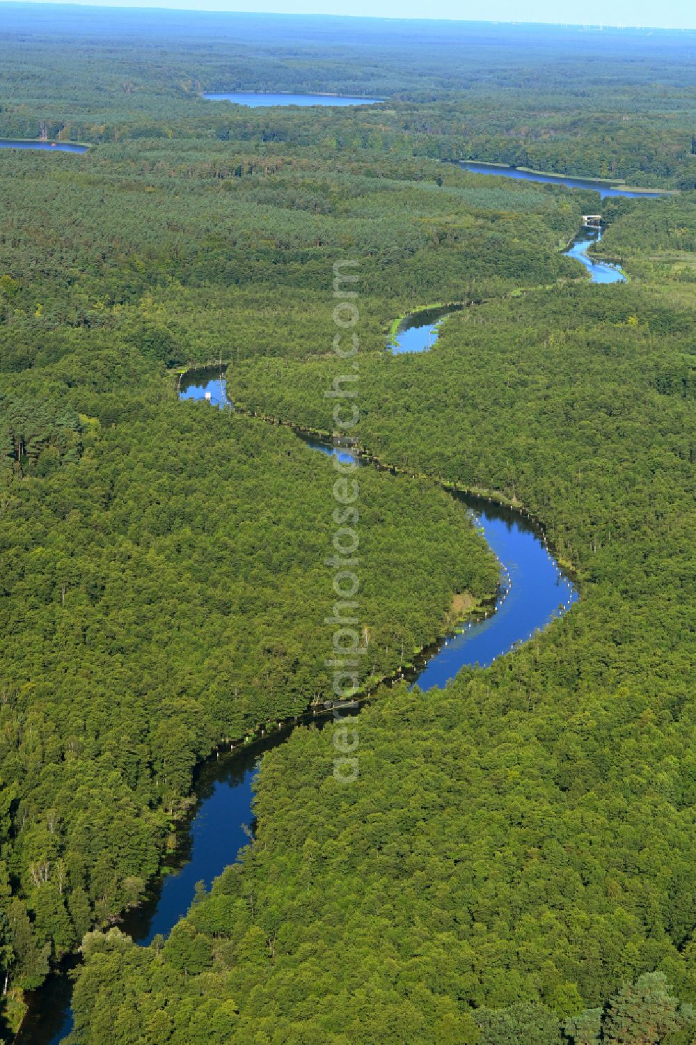 Fristow from the bird's eye view: Riparian zones on the course of the river of Rhin in Fristow in the state Brandenburg, Germany