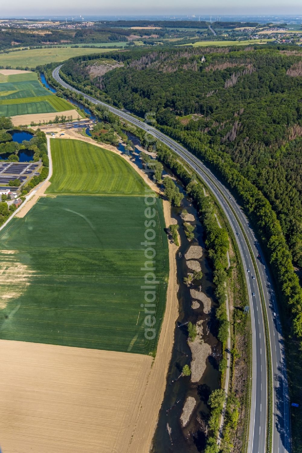 Arnsberg from above - Riparian zones on the course of the river the Ruhr on motorway A445 in Arnsberg in the state North Rhine-Westphalia, Germany