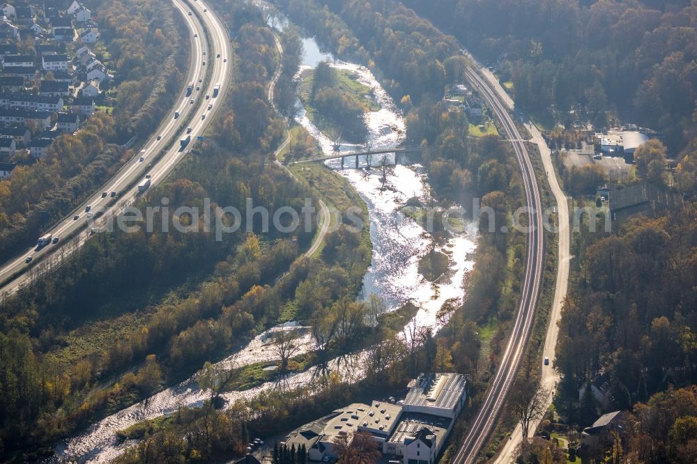 Aerial photograph Neheim - Riparian zones on the course of the river the Ruhr in Neheim in the state North Rhine-Westphalia, Germany