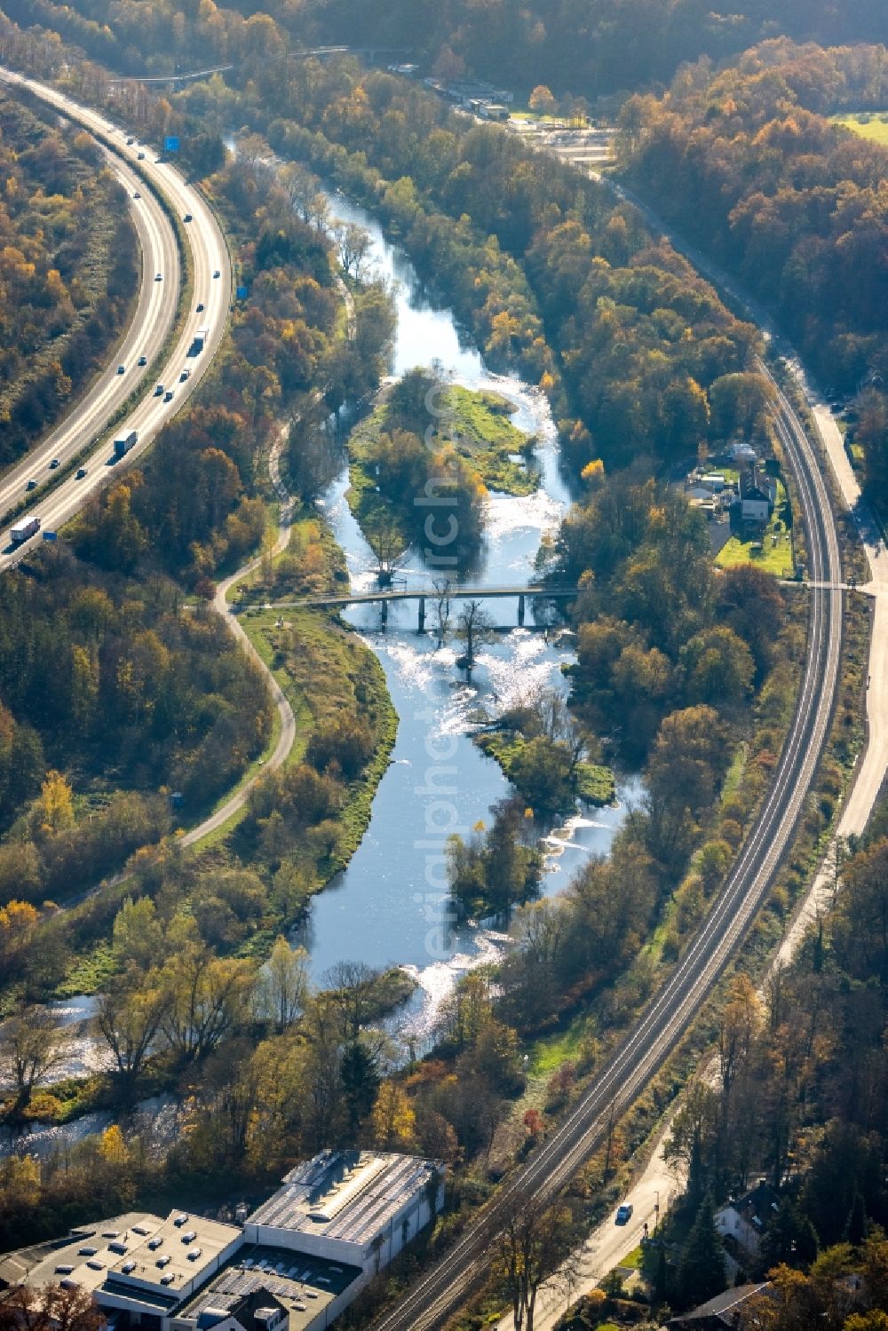 Neheim from above - Riparian zones on the course of the river the Ruhr in Neheim in the state North Rhine-Westphalia, Germany