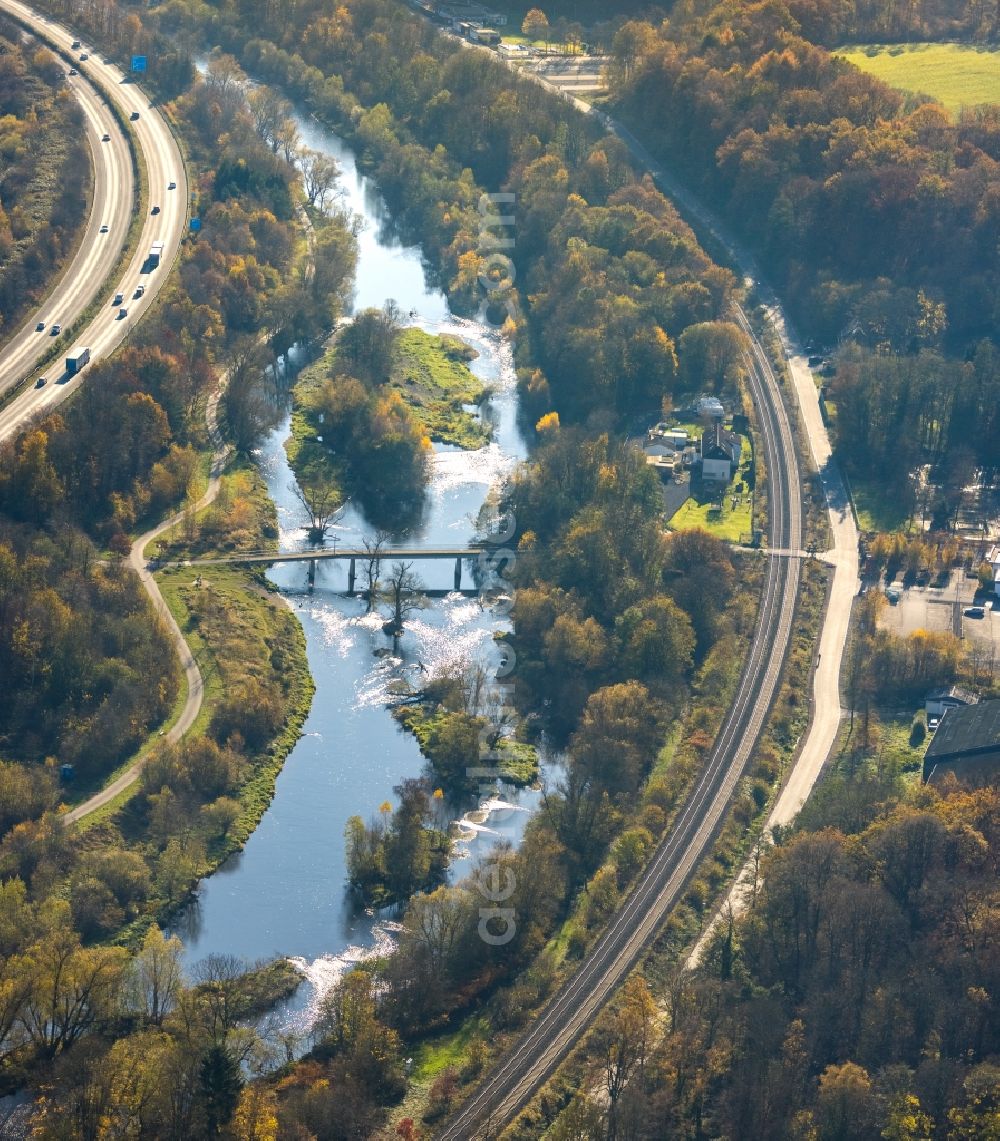 Neheim from the bird's eye view: Riparian zones on the course of the river the Ruhr in Neheim in the state North Rhine-Westphalia, Germany