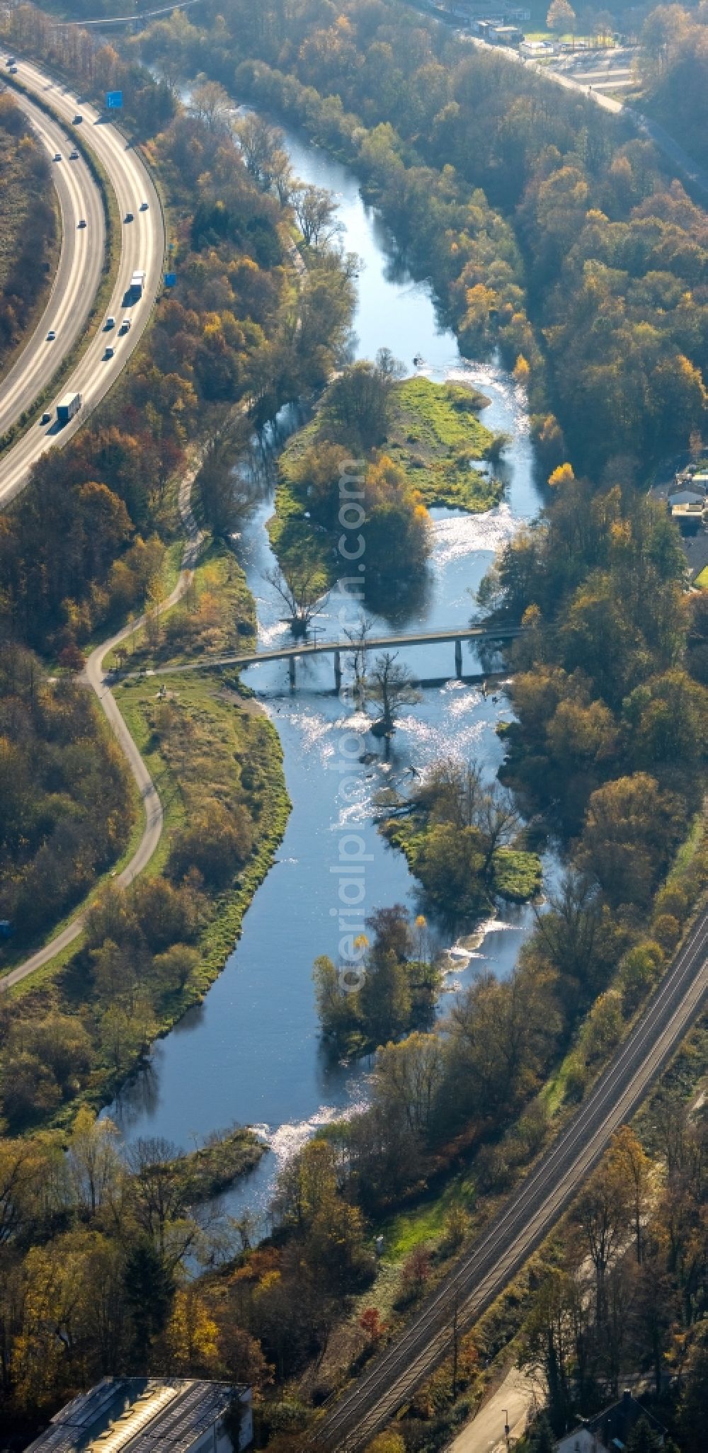 Aerial image Neheim - Riparian zones on the course of the river the Ruhr in Neheim in the state North Rhine-Westphalia, Germany