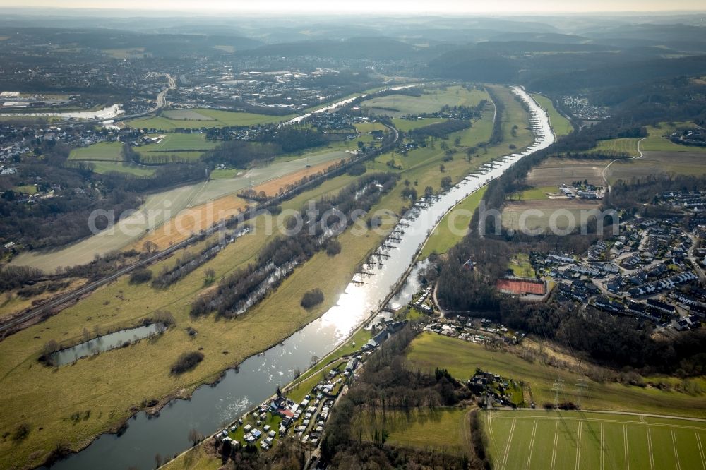 Hattingen from above - Riparian zones on the course of the river the Ruhr in the district Niederwenigern in Hattingen in the state North Rhine-Westphalia, Germany