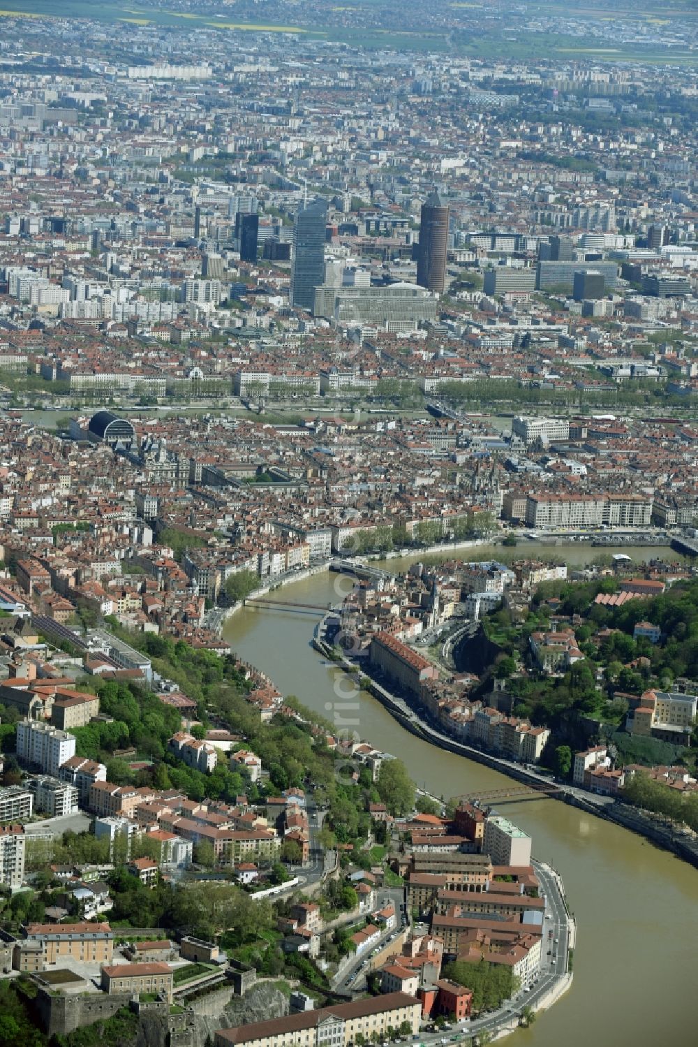 Aerial image Lyon - Riparian zones on the course of the river of Saone downtown in Lyon in Auvergne Rhone-Alpes, France