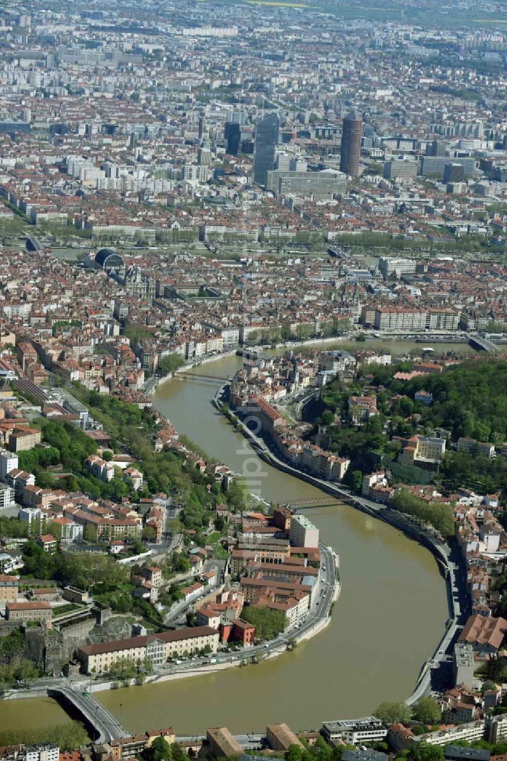 Lyon from above - Riparian zones on the course of the river of Saone downtown in Lyon in Auvergne Rhone-Alpes, France