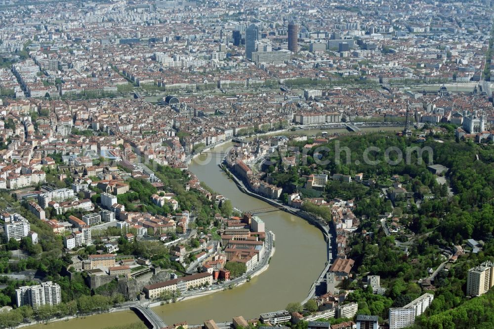 Lyon from the bird's eye view: Riparian zones on the course of the river of Saone downtown in Lyon in Auvergne Rhone-Alpes, France