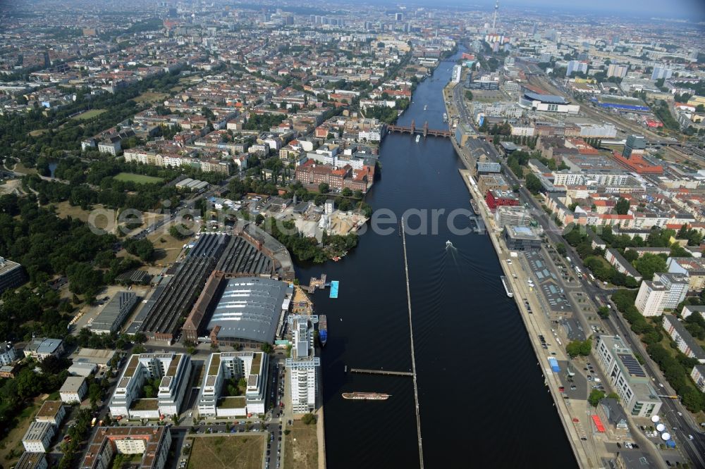 Berlin from above - Shore areas on the Spree flux flow to the developing area Mediaspree on the former east port in Friedrichshain in Berlin