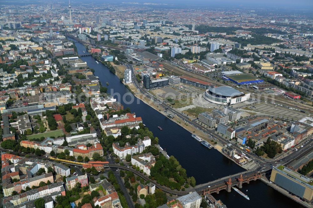 Berlin from above - Shore areas on the Spree flux flow between Oberbaumbruecke and the development area Mediaspree on the former east port in Friedrichshain in Berlin