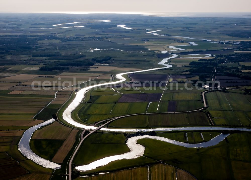 Süderhöft from above - Riparian areas on the course of the Treene in Suederhoeft in the state Schleswig-Holstein, Germany