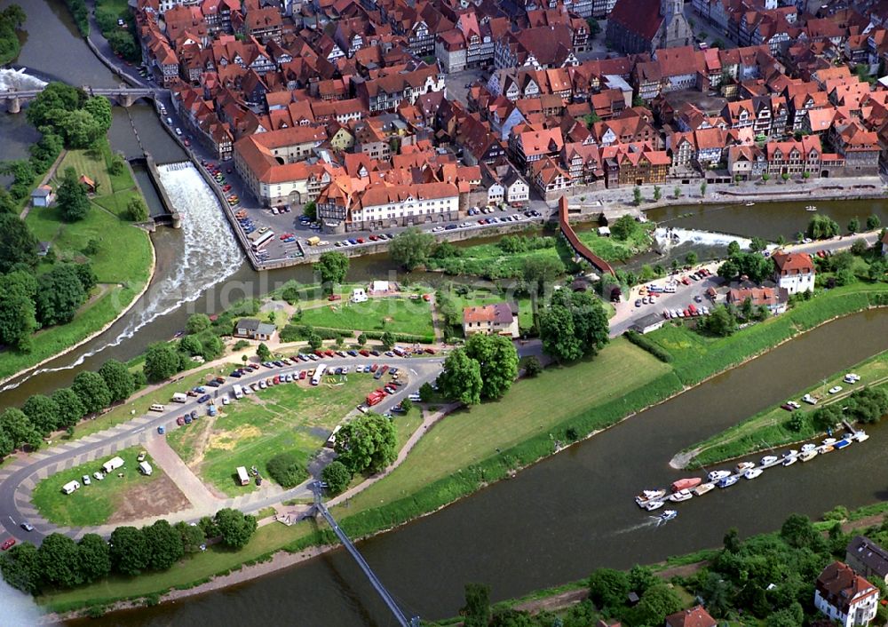 Aerial photograph Hann. Münden - Riparian zones on the course of the river Werra and Fulda in Hann. Muenden in the state Lower Saxony