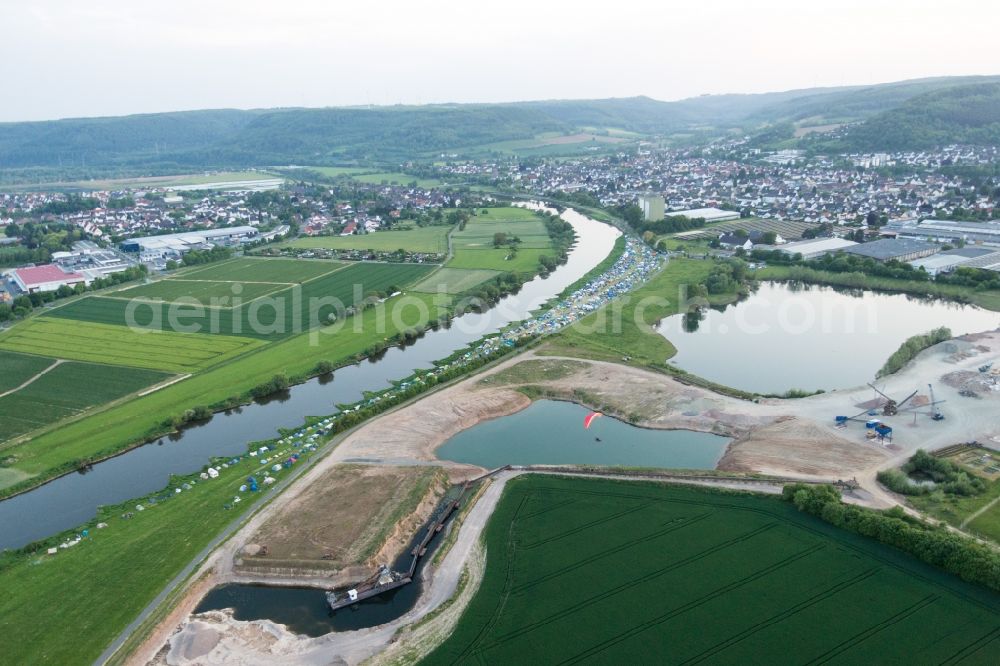 Beverungen from above - Riparian zones on the course of the river of the Weser river in Beverungen in the state North Rhine-Westphalia, Germany