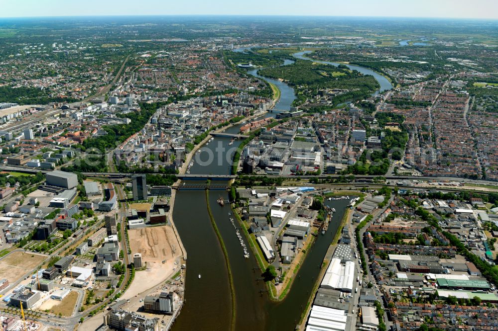 Bremen from above - Riparian zones on the course of the river of the Weser river on street Stephanibruecke in Bremen, Germany