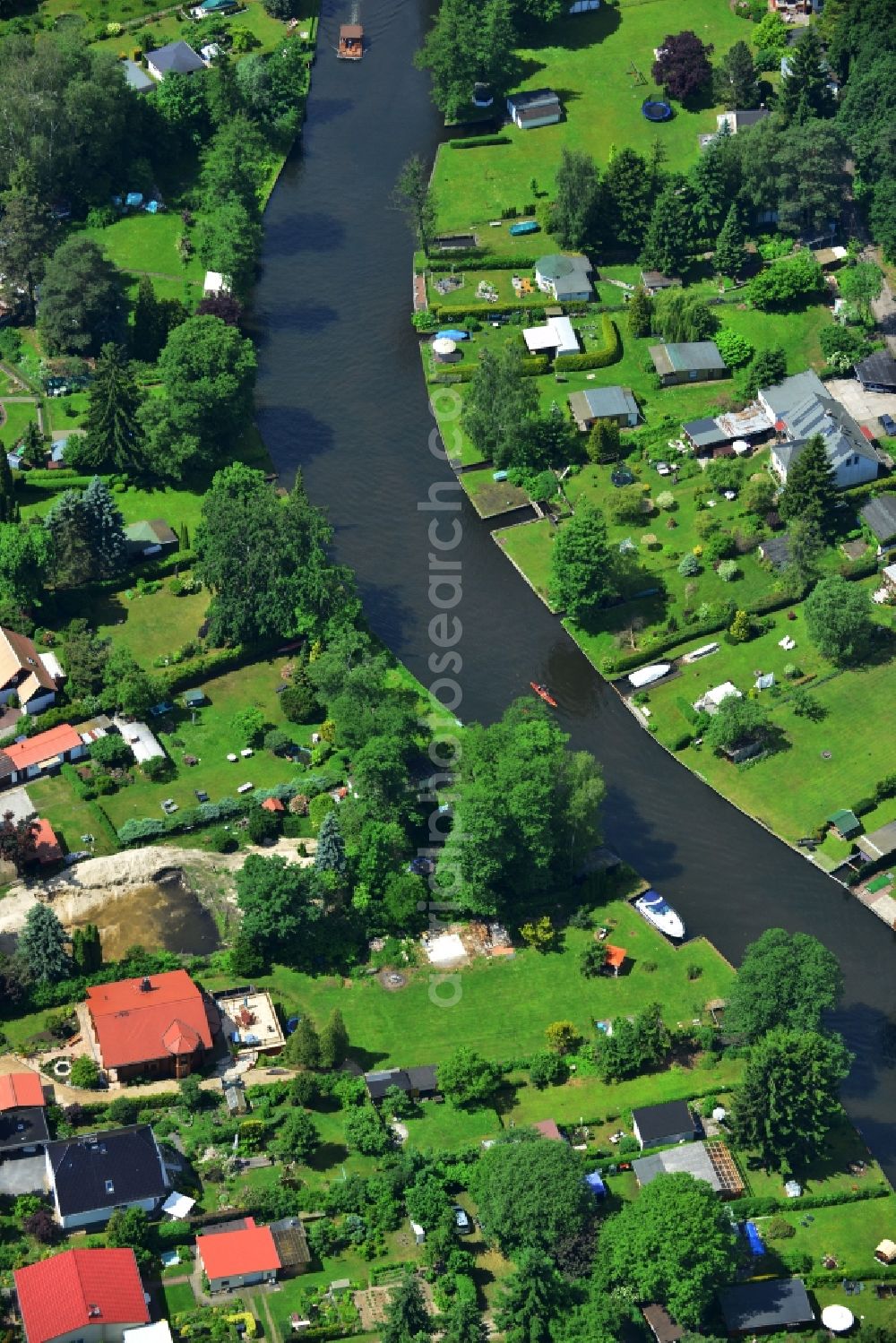 Fangschleuse from above - Shore areas of the garden plots along the course of the Loecknitz in Fangschleuse in Brandenburg