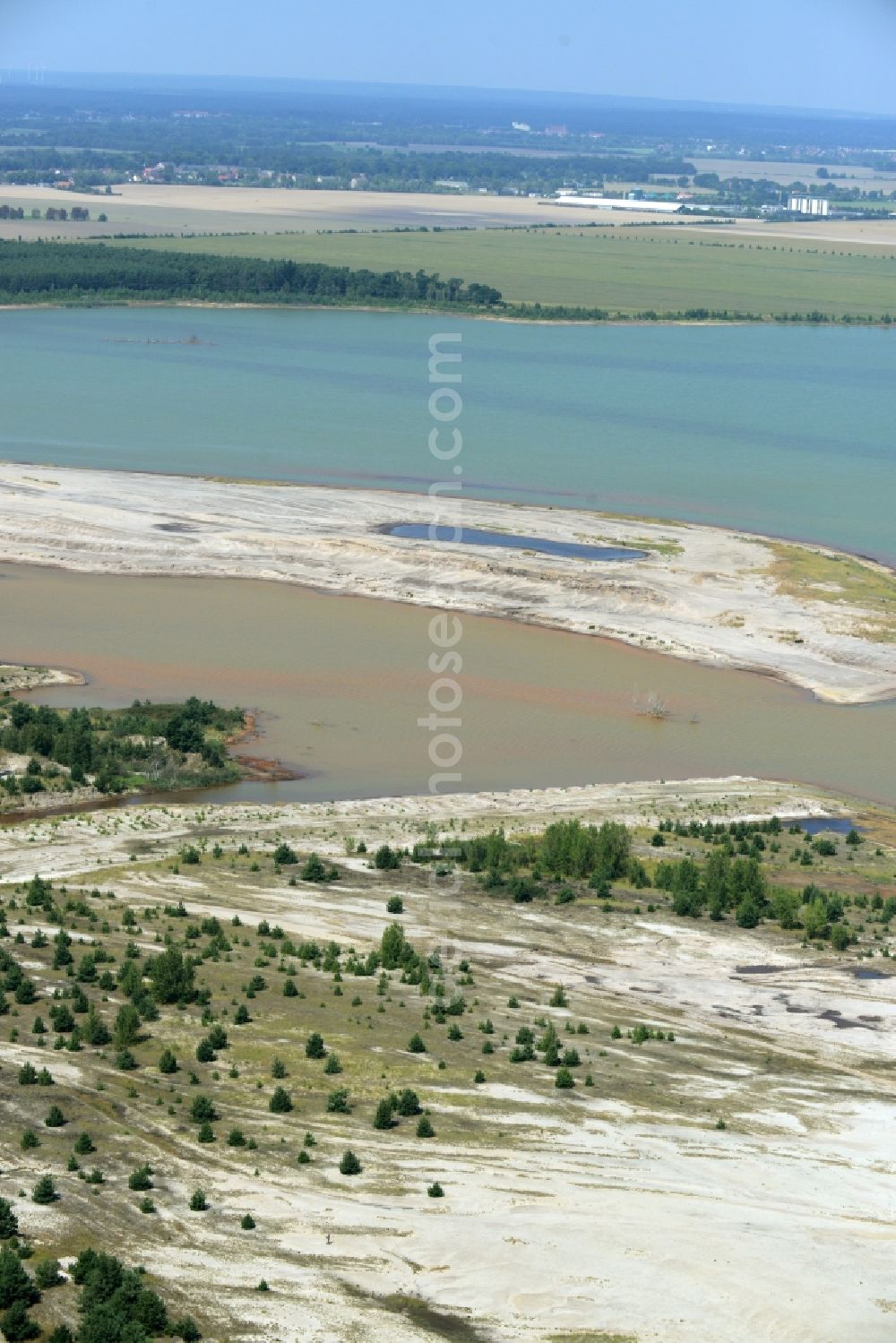 Aerial image Luckau - Shore areas of flooded former lignite opencast mine and renaturation lake Schlabendorfer See in Luckau in the state Brandenburg