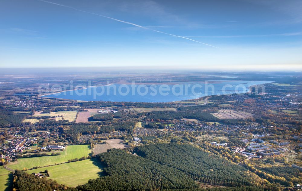 Aerial photograph Teichland - Shore areas of flooded former lignite opencast mine and renaturation lake Cottbuser Ostsee in Teichland in the state Brandenburg, Germany