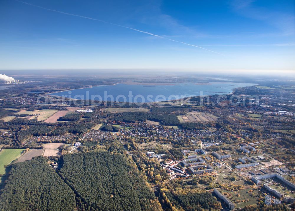 Teichland from above - Shore areas of flooded former lignite opencast mine and renaturation lake Cottbuser Ostsee in Teichland in the state Brandenburg, Germany