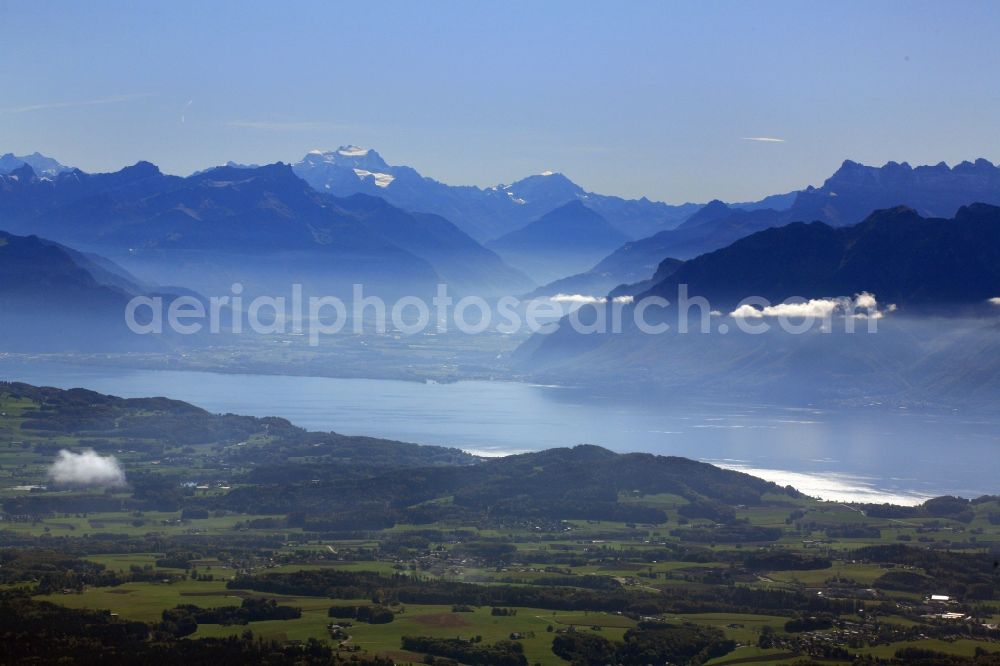 Aerial image Lausanne - Waterfront landscape at the Lake Geneva ( Lac Leman ) between Lausanne and Montreux in the canton Vaud, Switzerland