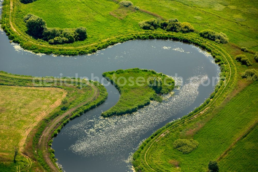 Aerial image Grabowo - Curved loop of the riparian zones on the course of the river Grabow- in Grabowo in West Pomerania, Poland