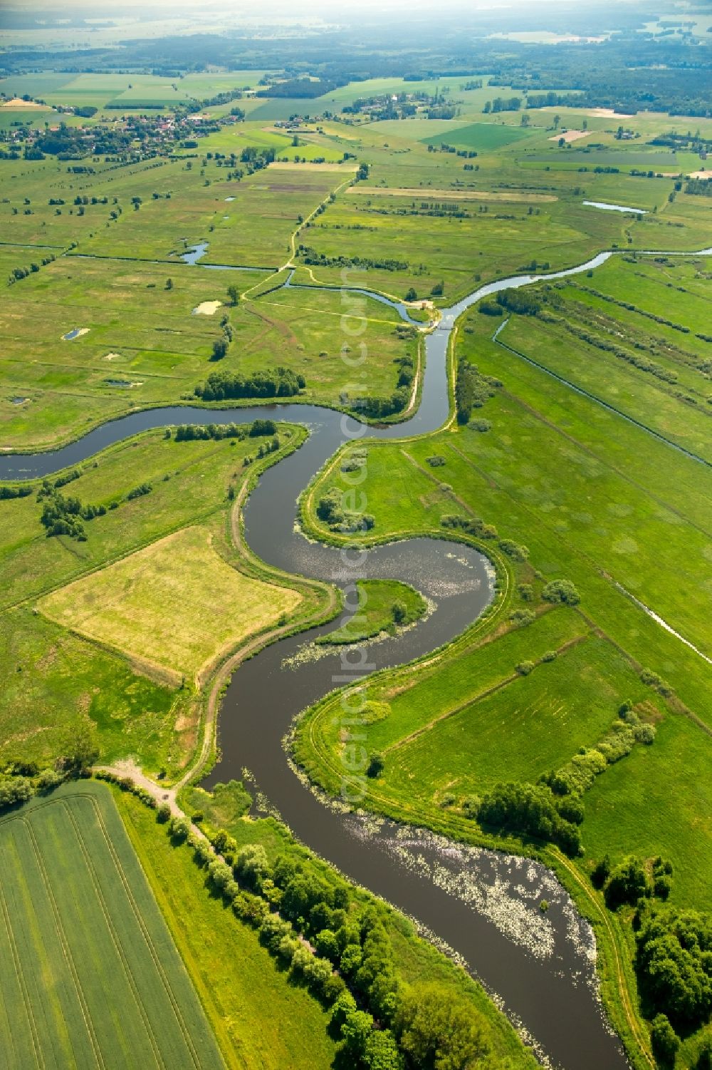 Aerial photograph Grabowo - Curved loop of the riparian zones on the course of the river Grabow- in Grabowo in West Pomerania, Poland